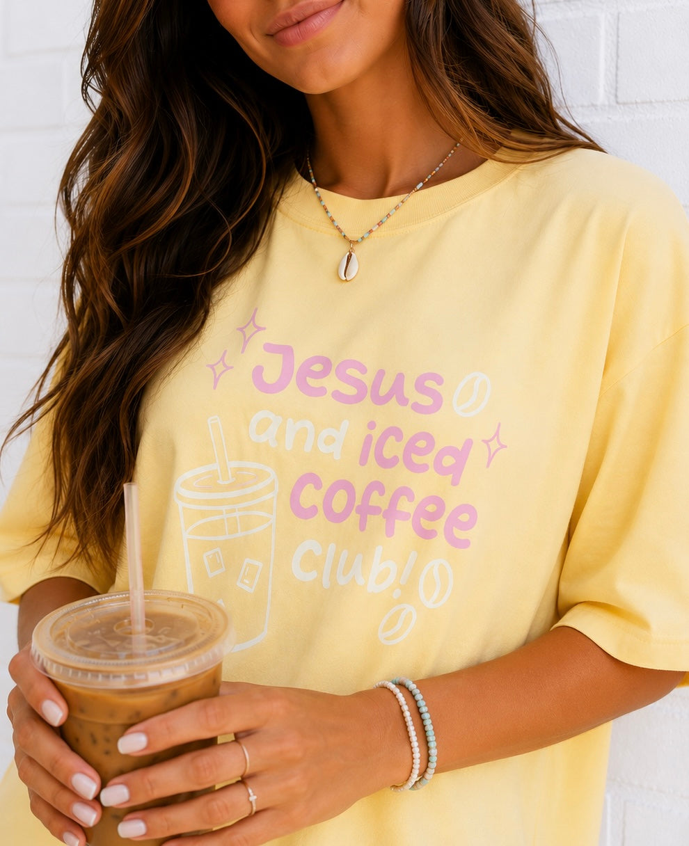Butter yellow Jesus and iced coffee tee
