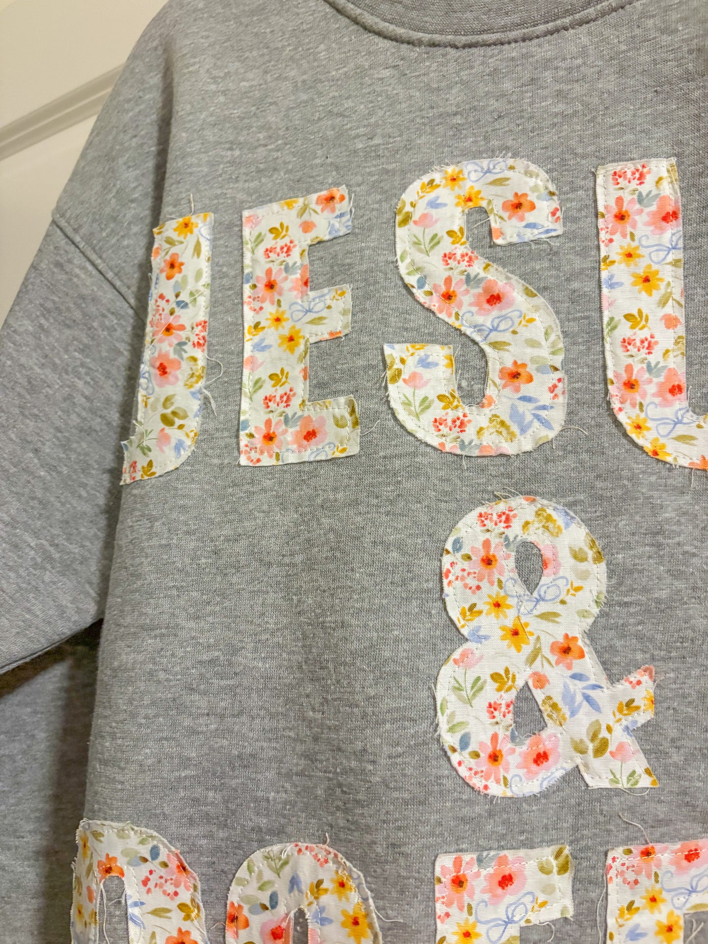 Jesus & Coffee Floral Patchwork Crewneck – Grey