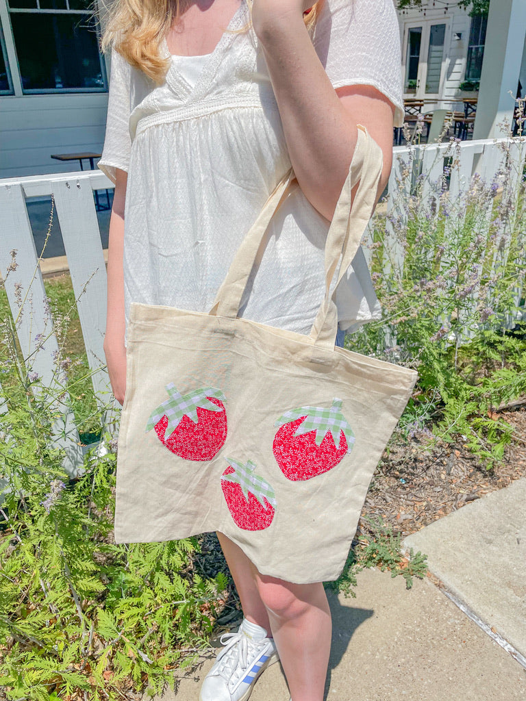 strawberry patchwork tote bag