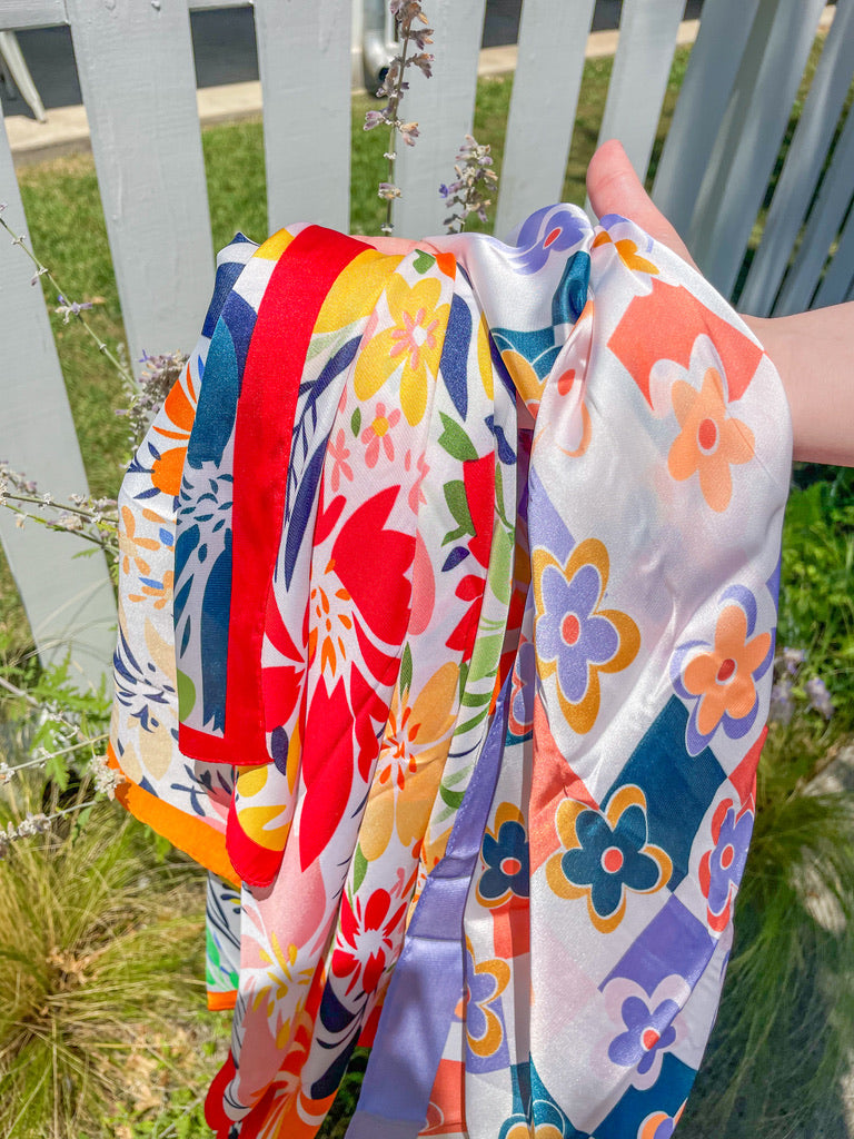 red floral hair scarf