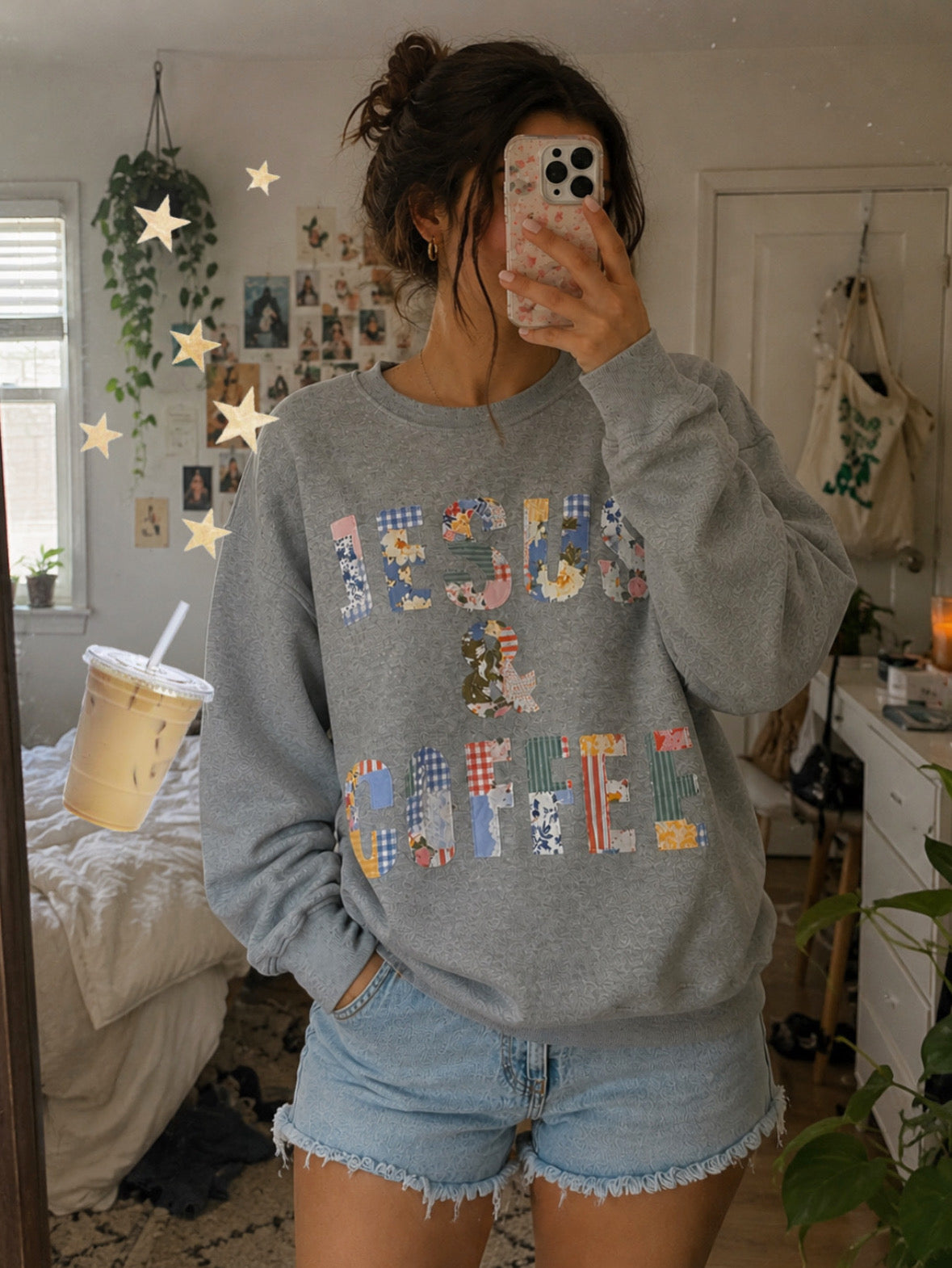 Jesus and coffee multi patchwork grey crewneck