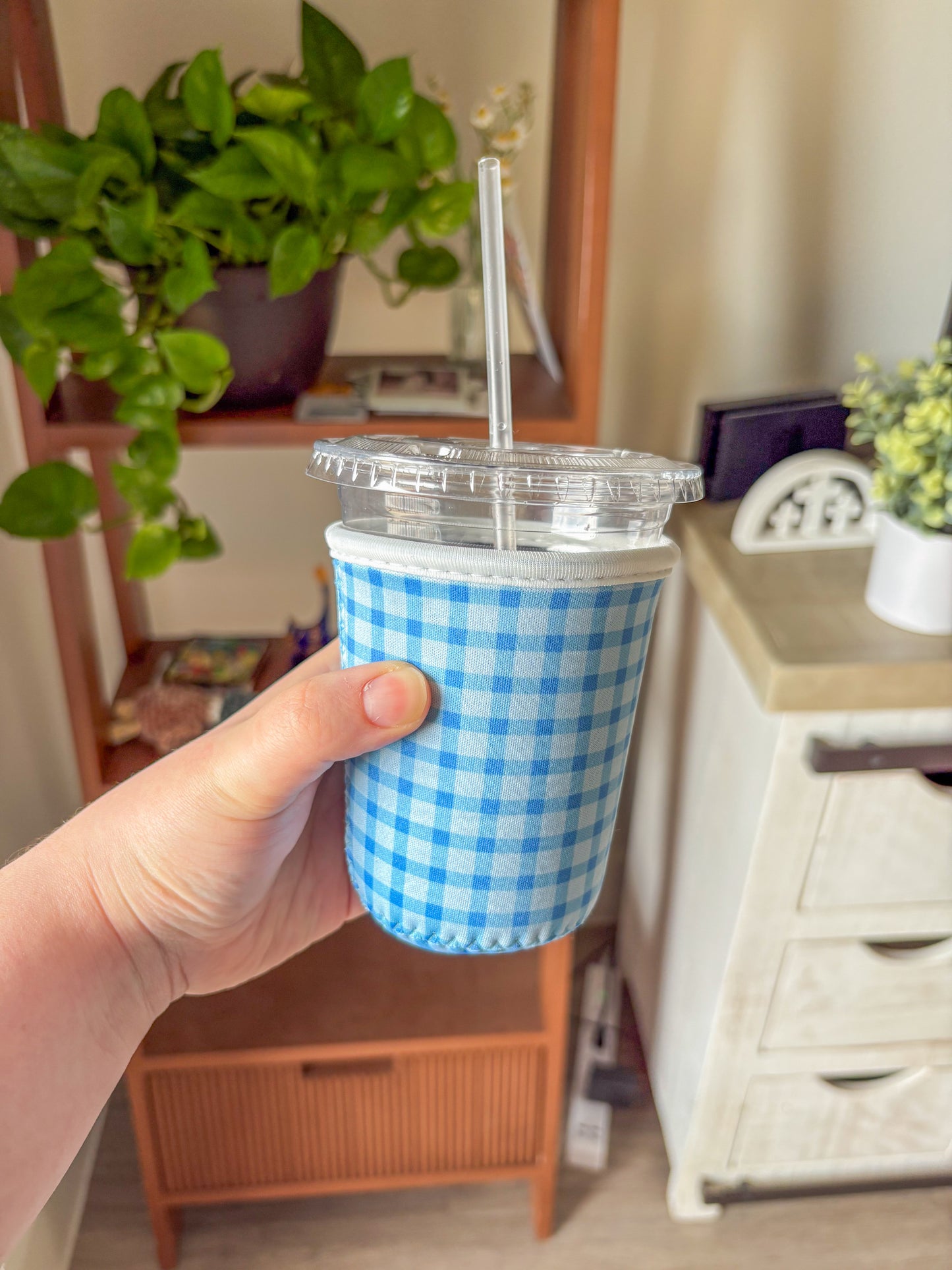 Blue Gingham Iced Coffee Koozie | 16β20 oz Cup Sleeve
