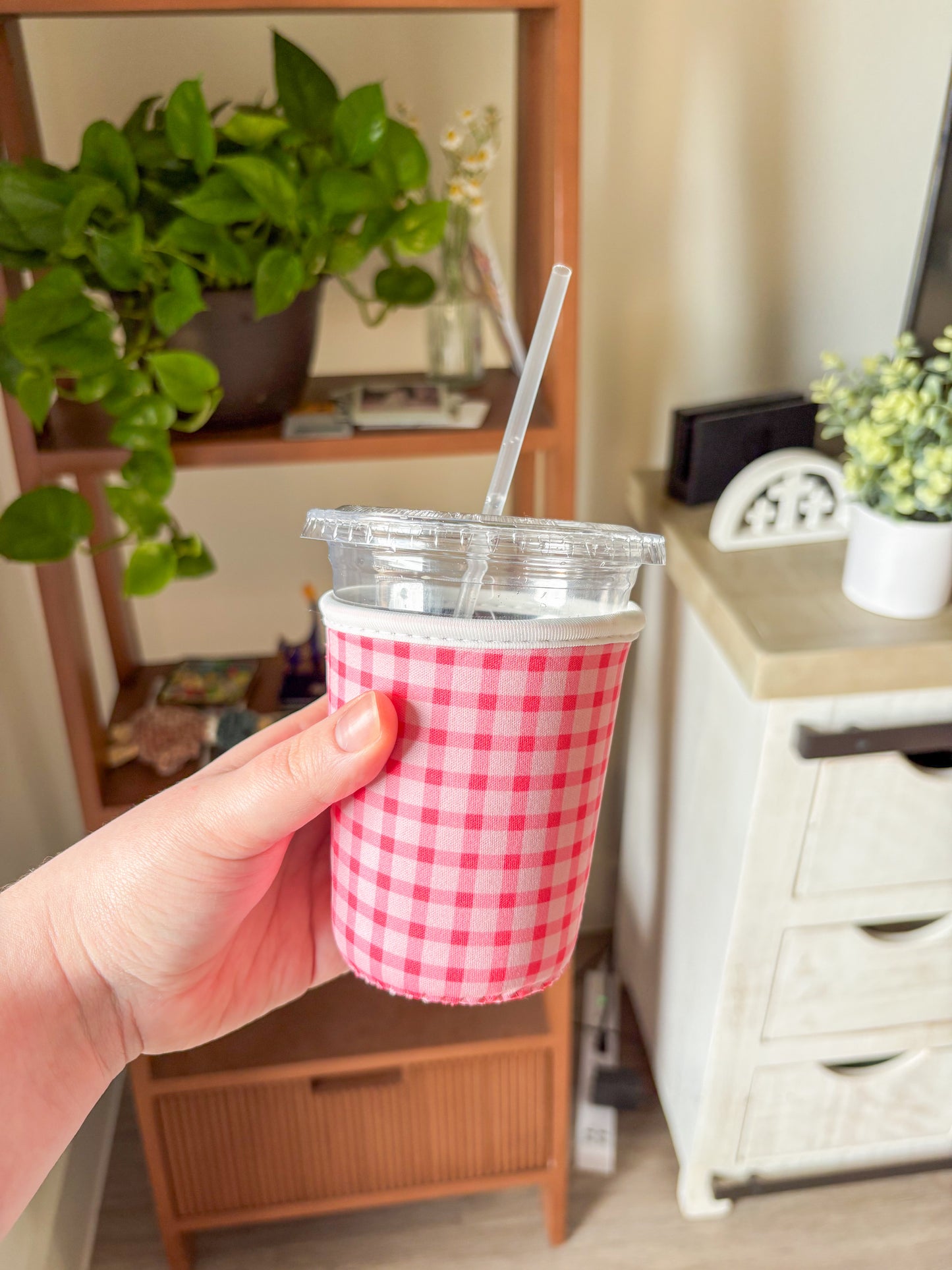 Pink Gingham Iced Coffee Koozie | 16β20 oz Cup Sleeve
