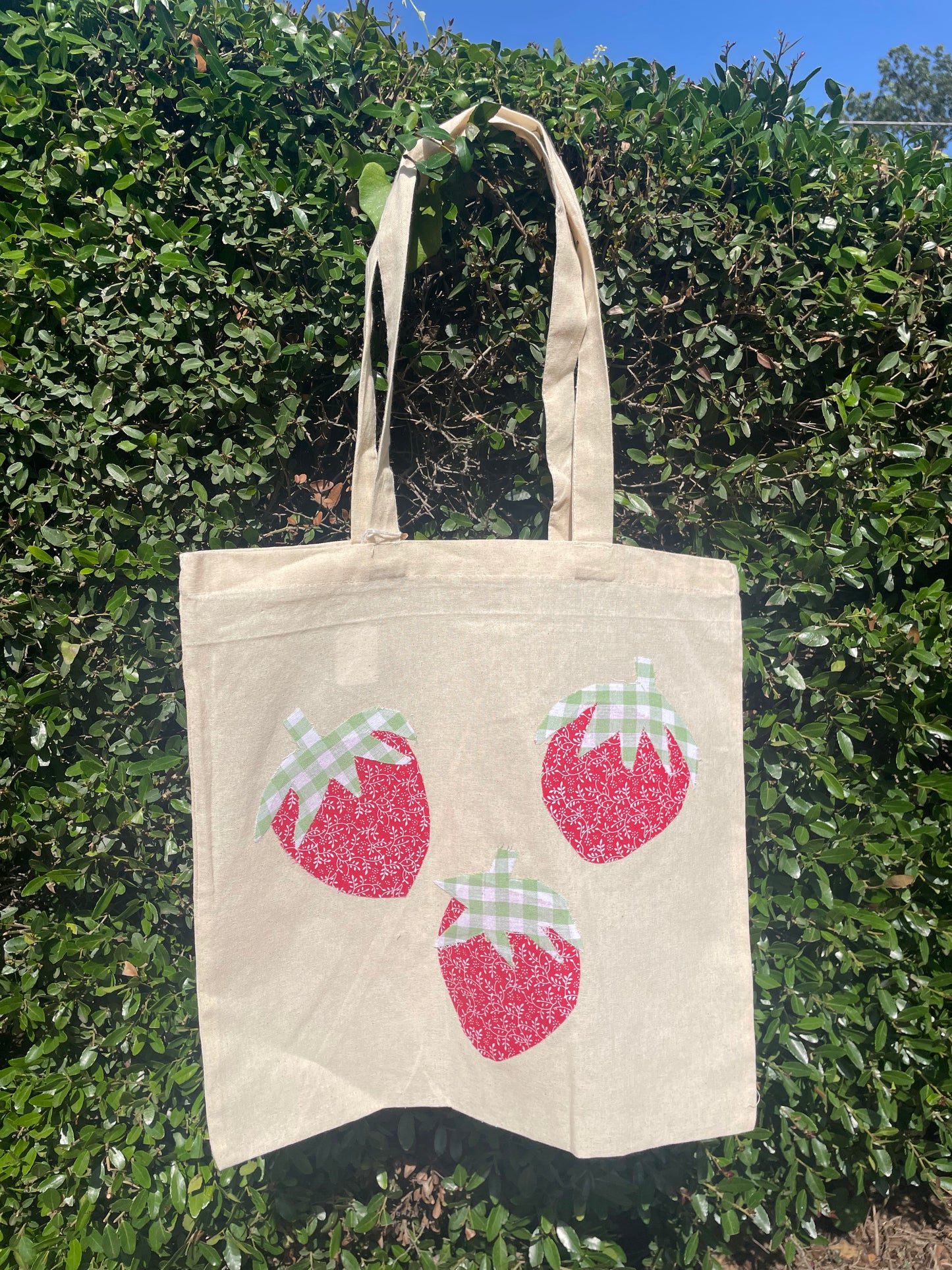 strawberry patchwork tote bag