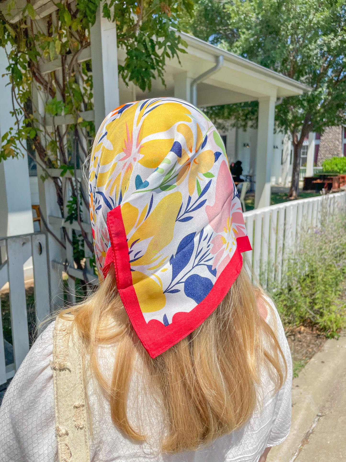 red floral hair scarf