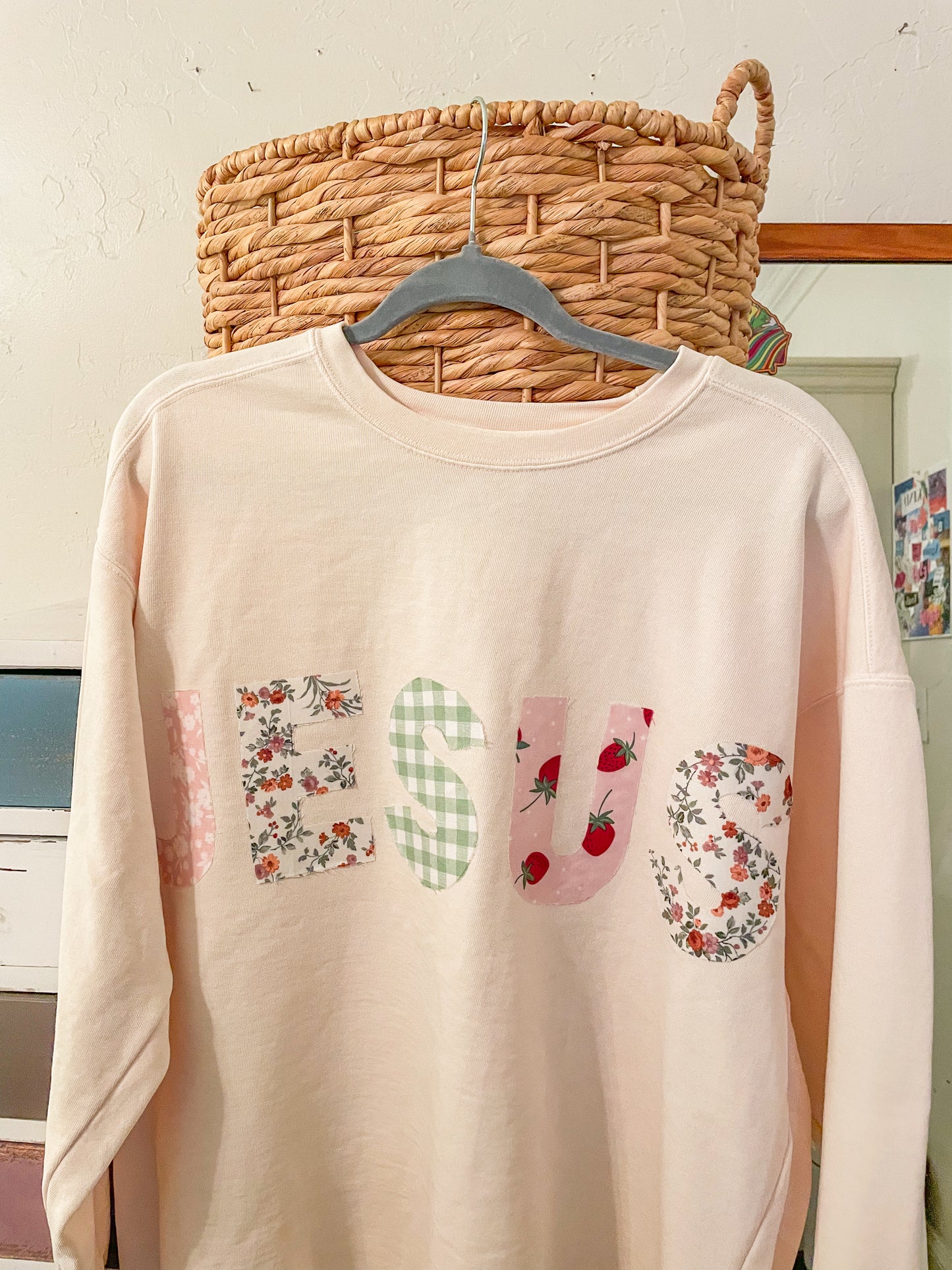 Pink Patchwork Jesus crewneck sweatshirt