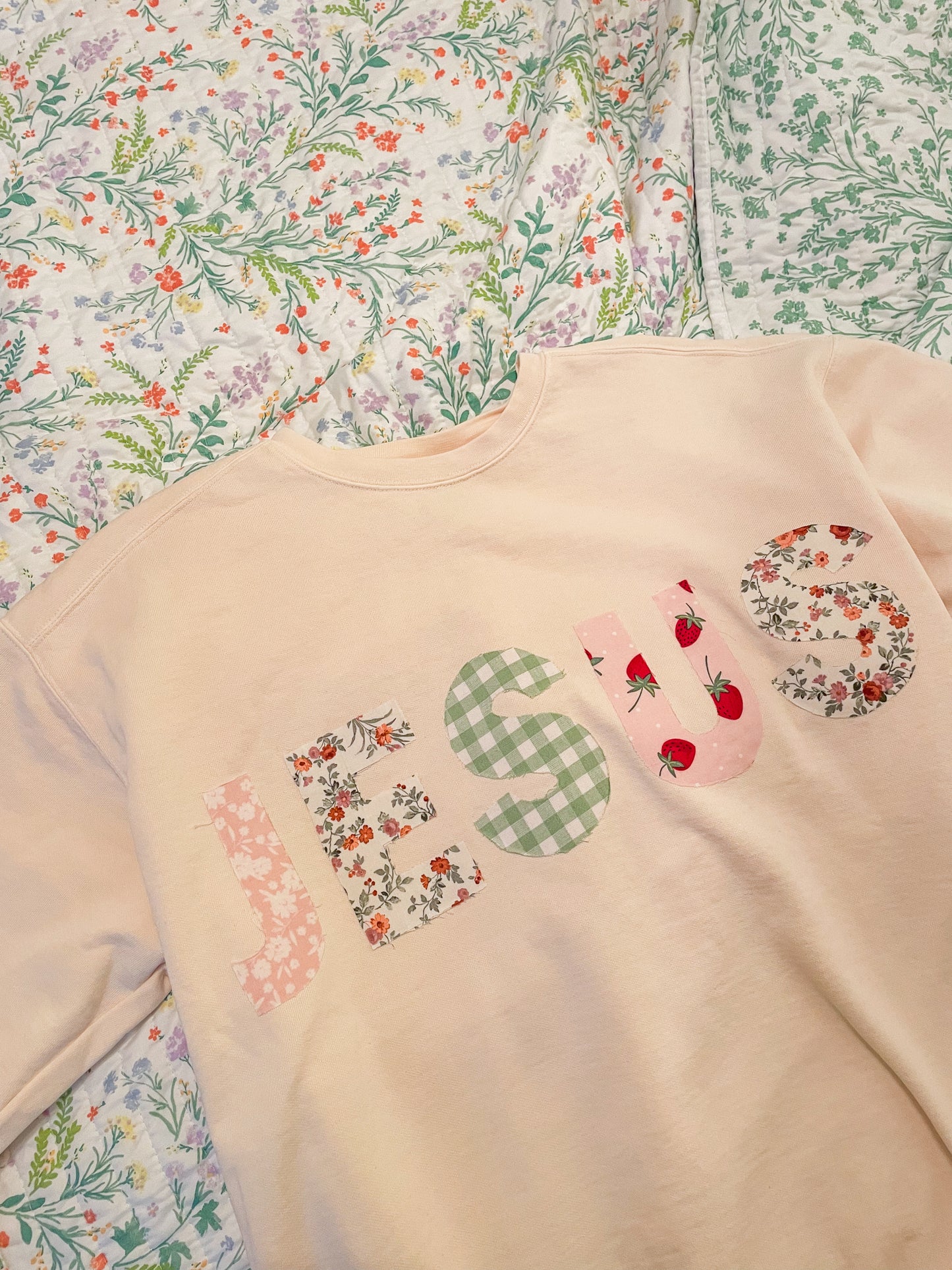 Pink Patchwork Jesus crewneck sweatshirt
