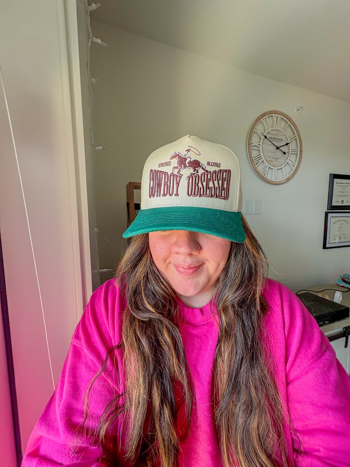 green stressed blessed cowboy obsessed hat
