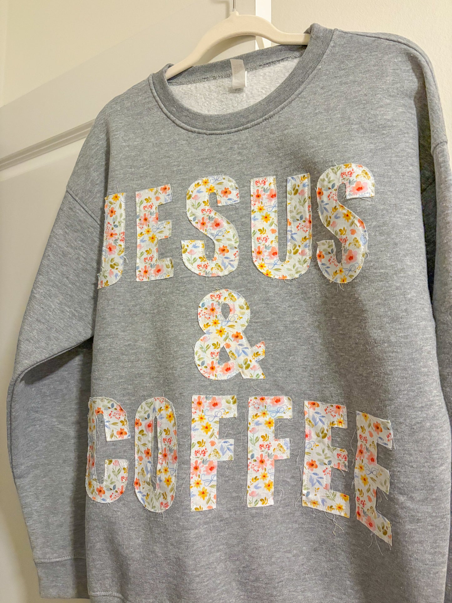 Jesus & Coffee Floral Patchwork Crewneck – Grey