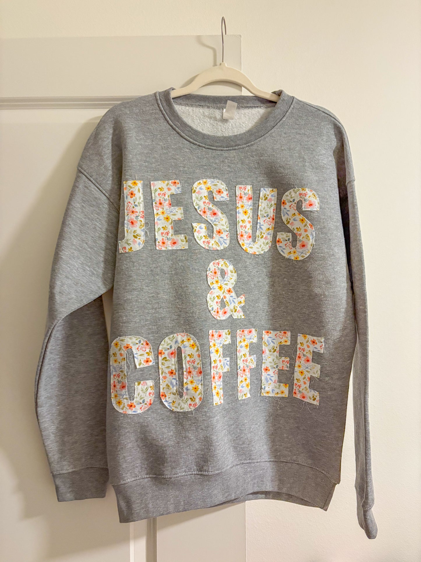 Jesus & Coffee Floral Patchwork Crewneck – Grey