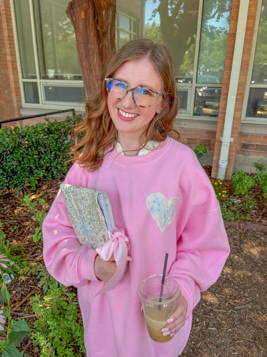 JLY pink floral cross and heart crewneck