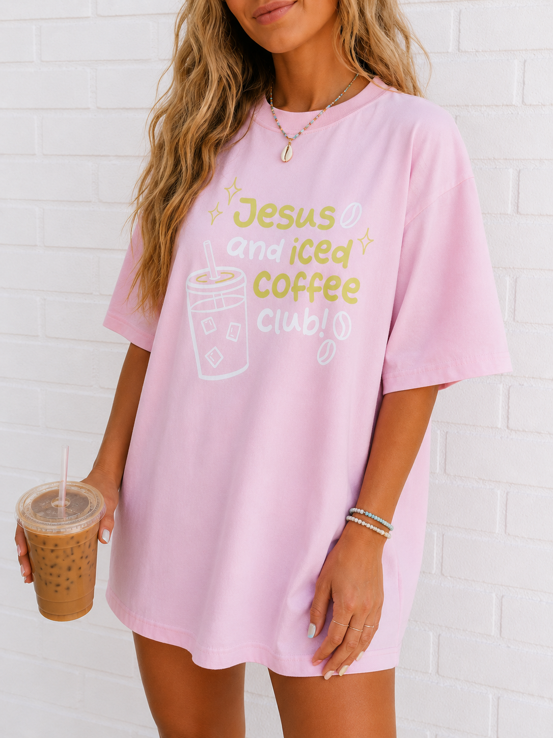 Pink Jesus and iced coffee club tee