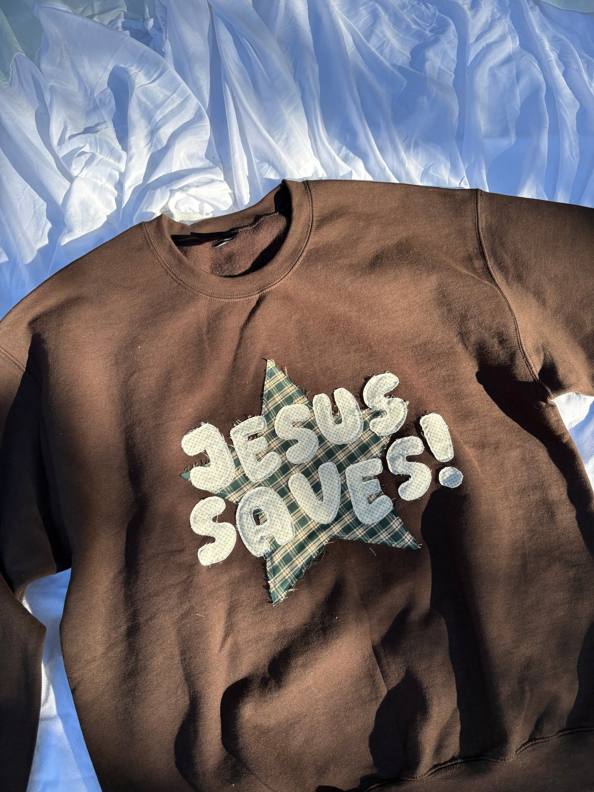 Handmade Jesus saves star patchwork crew