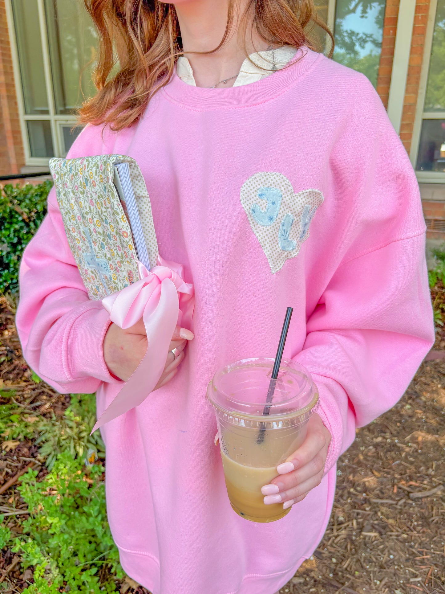 JLY pink floral cross and heart crewneck