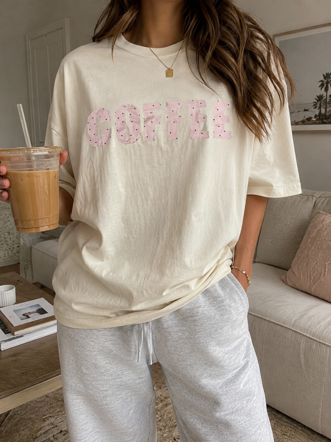 Pink polka dot patchwork coffee tee