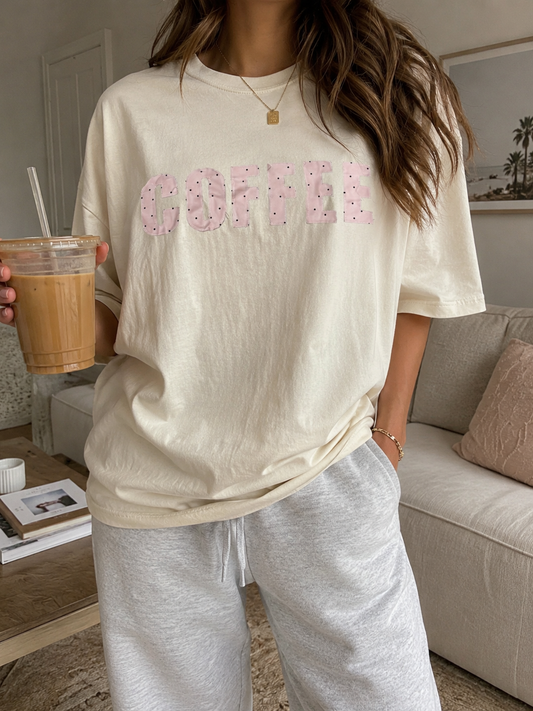 Pink polka dot patchwork coffee tee