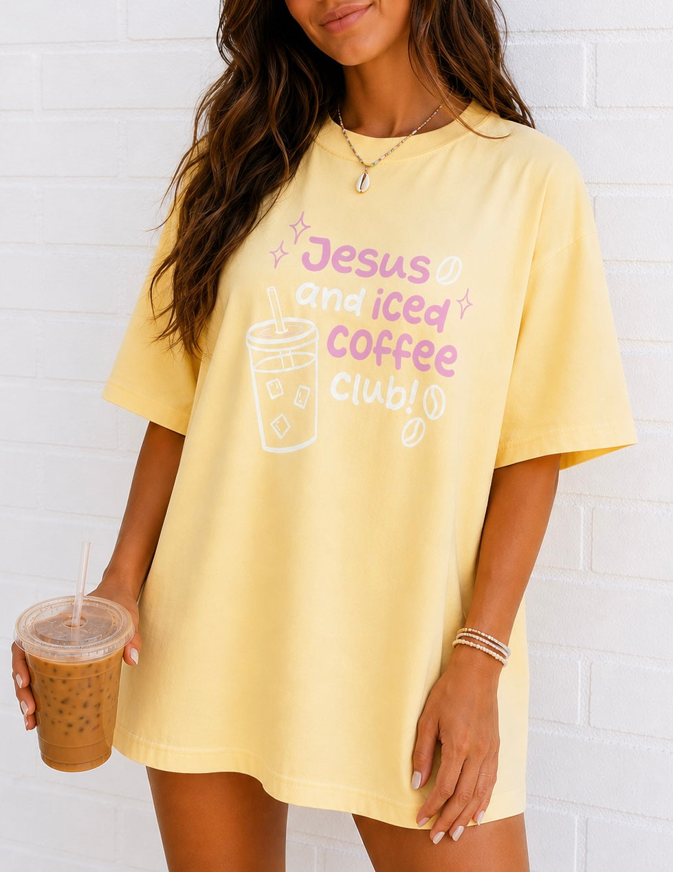 Butter yellow Jesus and iced coffee tee