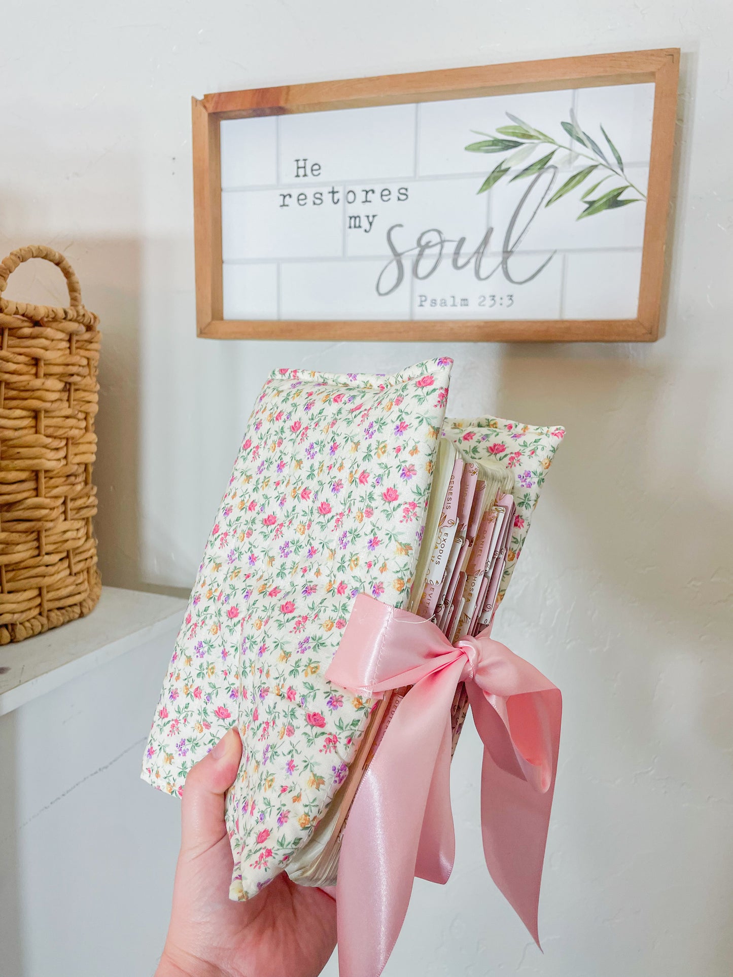 Quilted Bible Verse Cover – Pink Ditsy Floral Fabric with Ribbon Closure