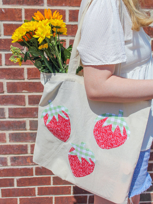 strawberry patchwork tote bag
