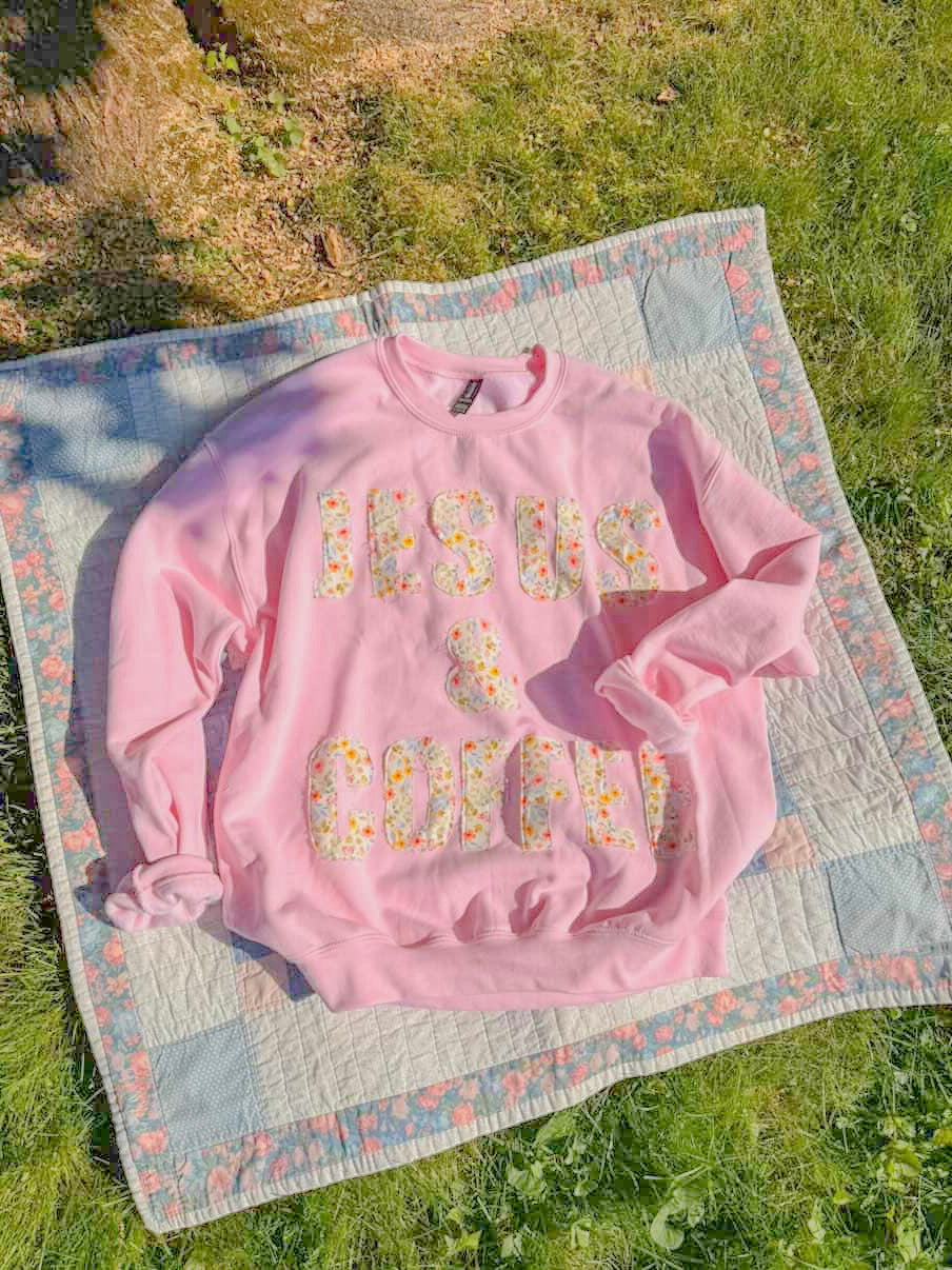 Jesus & Coffee Floral Patchwork Crewneck – Light Pink