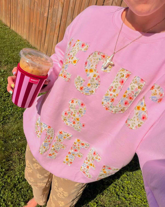 Jesus & Coffee Floral Patchwork Crewneck – Light Pink