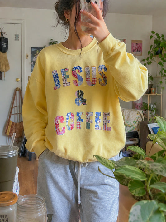 butter yellow patchwork “Jesus & Coffee” Crewneck