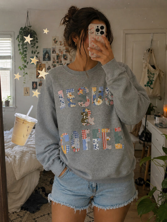 Jesus and coffee multi patchwork grey crewneck