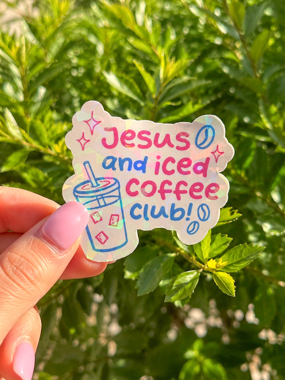 Jesus and iced coffee club holographic sticker