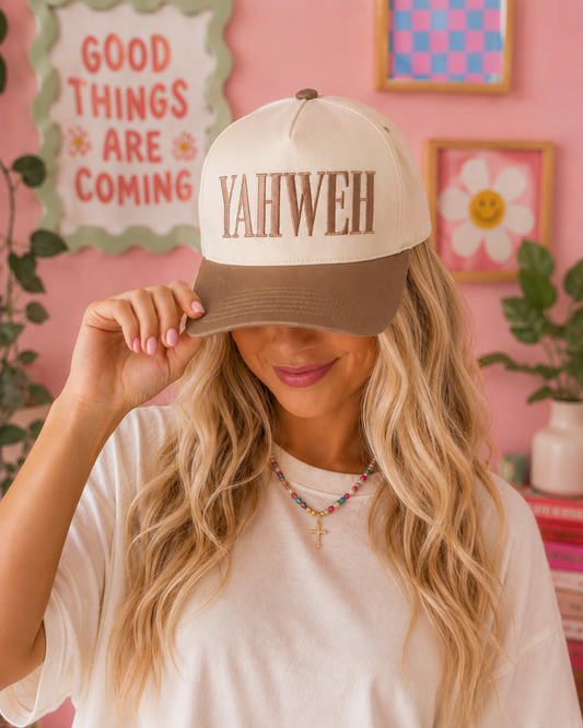 Yahweh tan embroidered trucker hat ￼