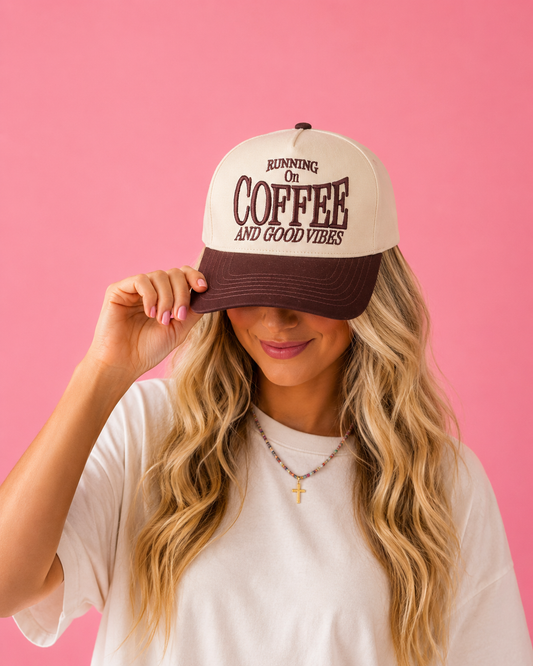Running on coffee brown embroidered trucker hat