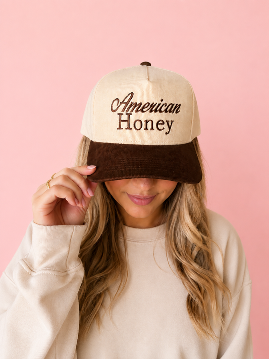 Brown American honey embroidered corduroy trucker hat ￼