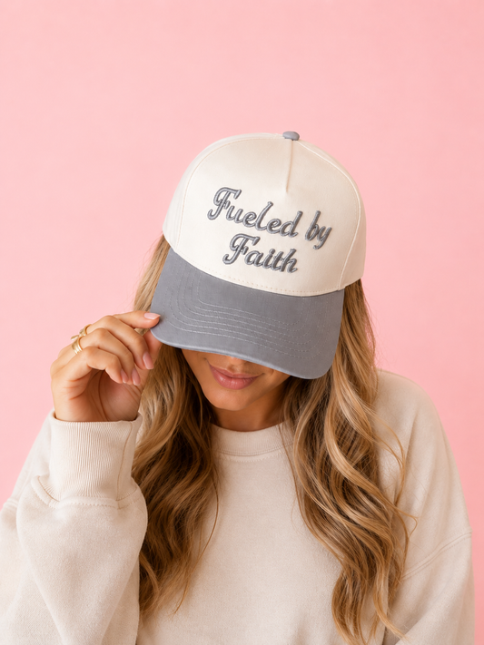 Fueled by Faith light gray embroidered trucker hat ￼