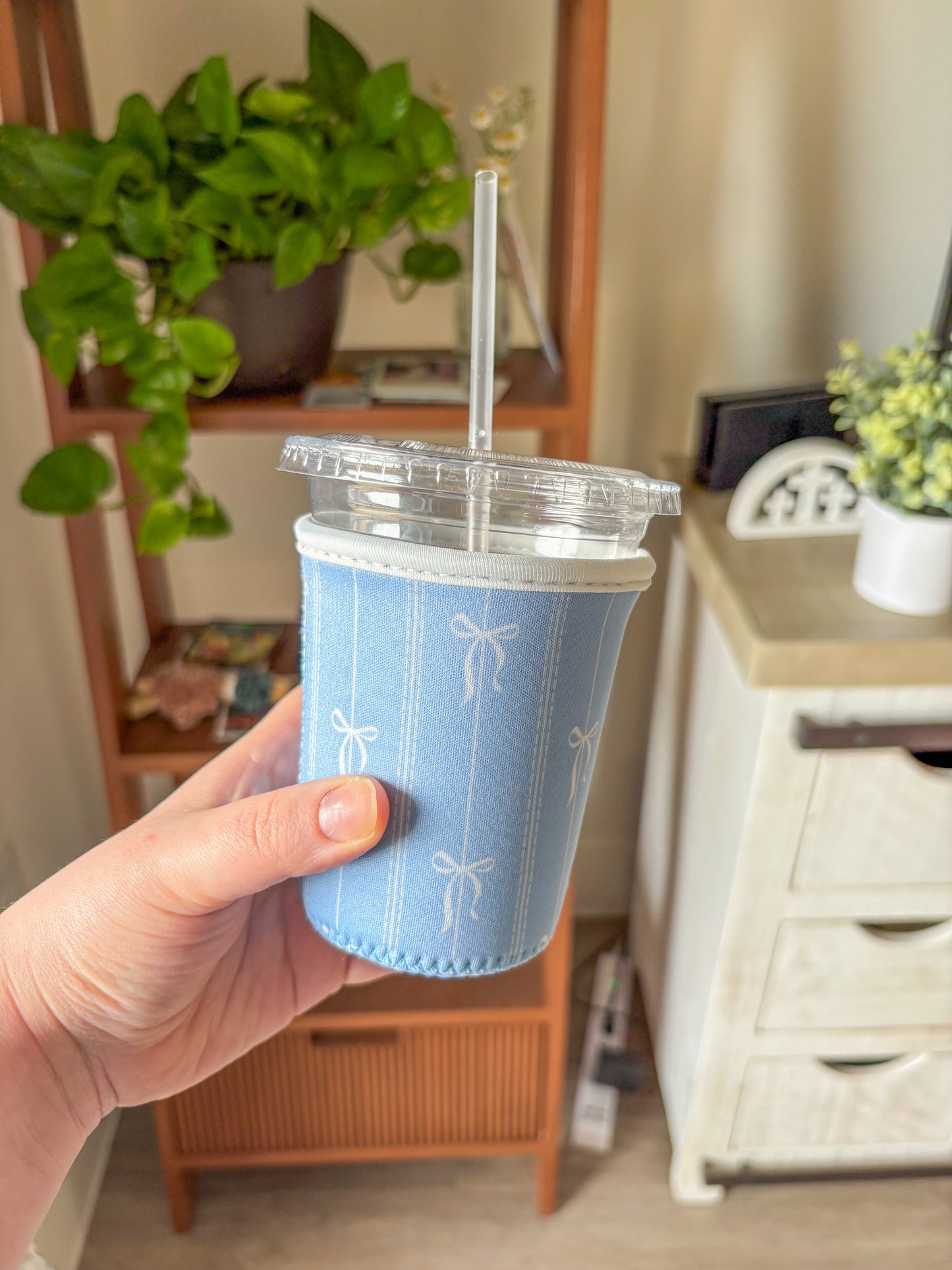 Blue Bow Stripe Iced Coffee Koozie | 16–20 oz Cup Sleeve