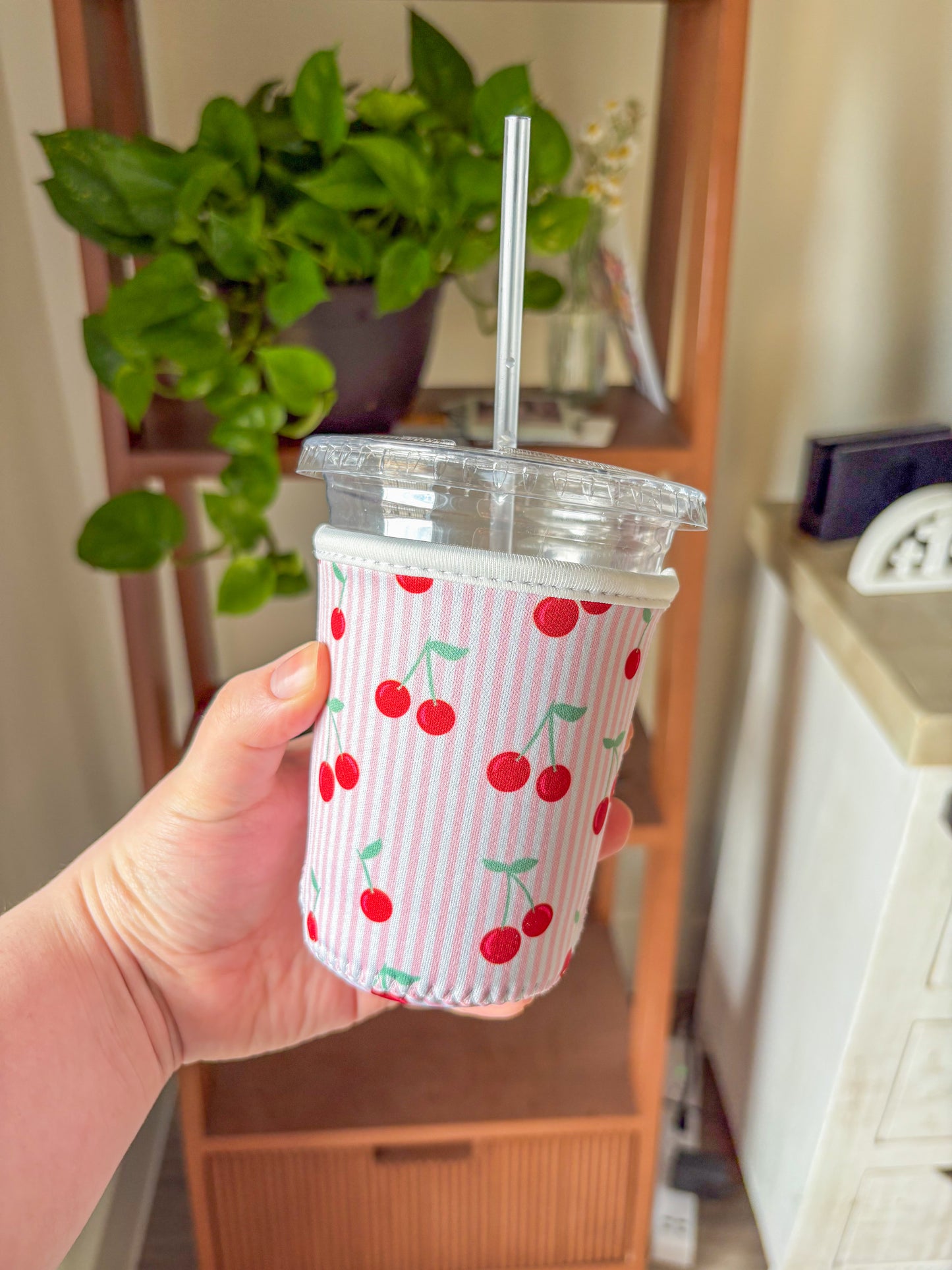 Cherry Stripe Iced Coffee Koozie | 16–20 oz Cup Sleeve