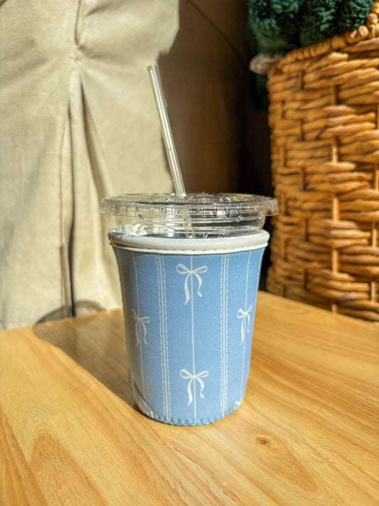Blue Bow Stripe Iced Coffee Koozie | 16–20 oz Cup Sleeve