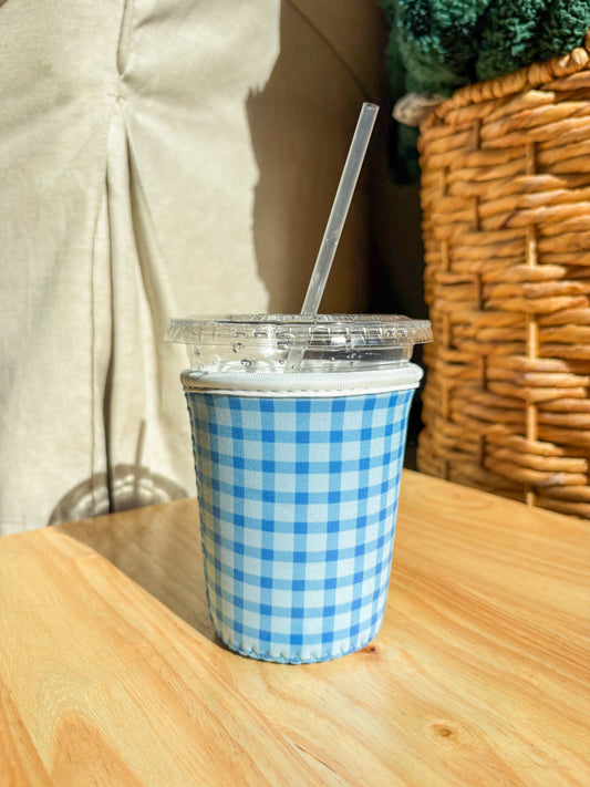 Blue Gingham Iced Coffee Koozie | 16–20 oz Cup Sleeve
