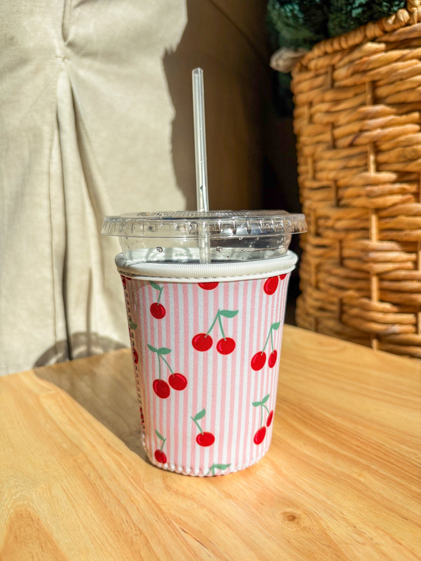 Cherry Stripe Iced Coffee Koozie | 16–20 oz Cup Sleeve