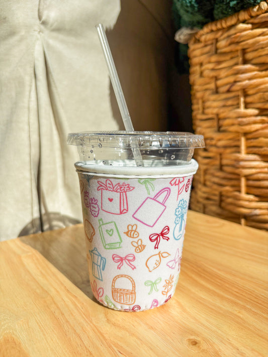 Colorful Doodle Iced Coffee Koozie | 16–20 oz Cup Sleeve