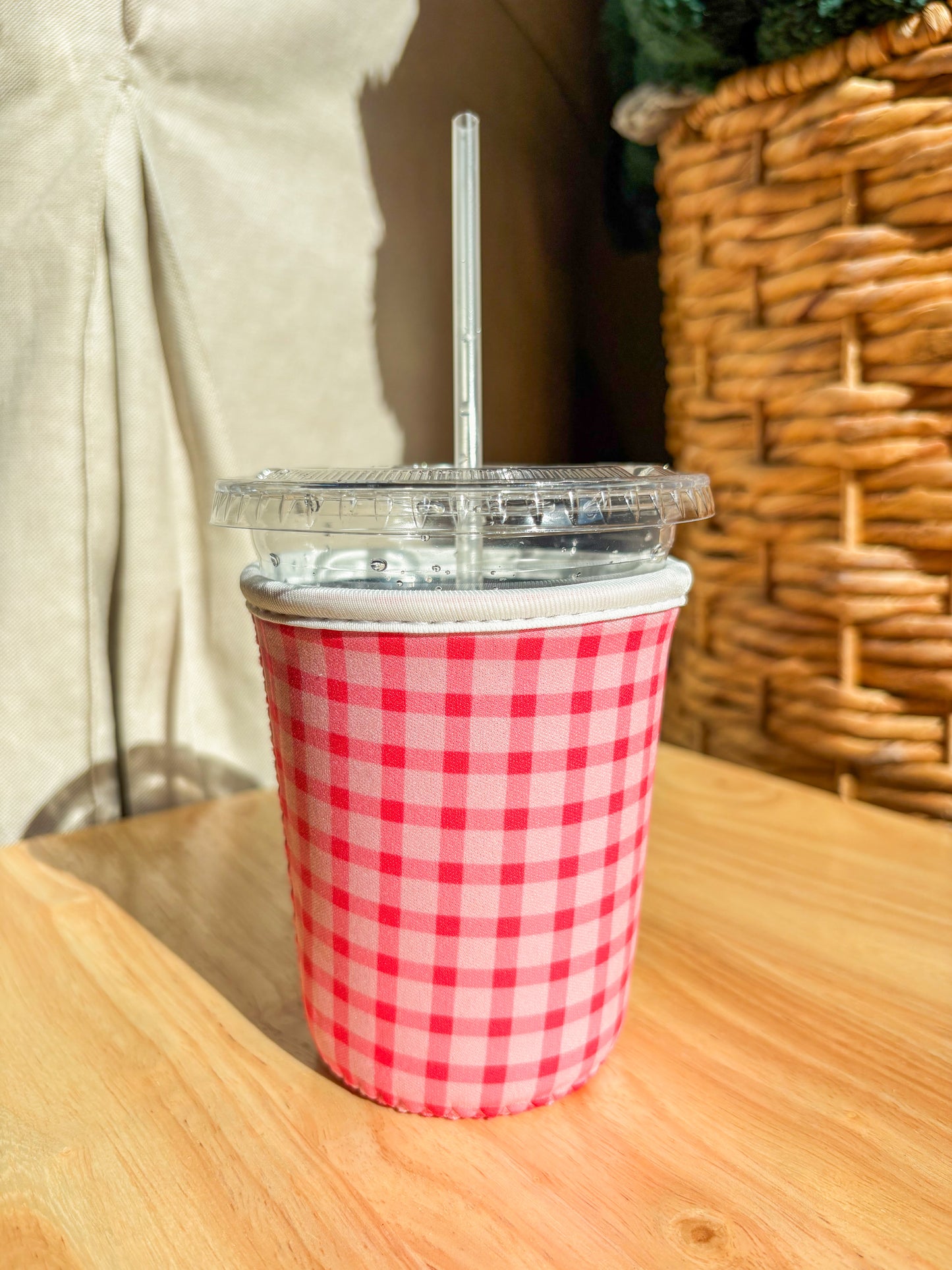 Pink Gingham Iced Coffee Koozie | 16–20 oz Cup Sleeve