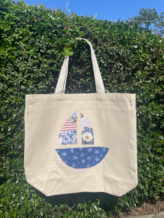 sailboat patchwork tote bag