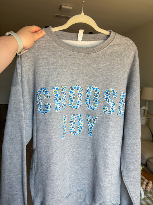 Grey “Choose Joy” blue floral Patchwork Crewneck