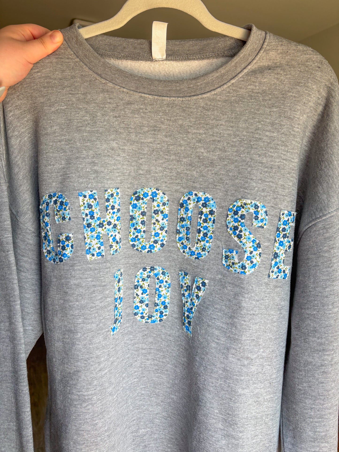 Grey “Choose Joy” blue floral Patchwork Crewneck