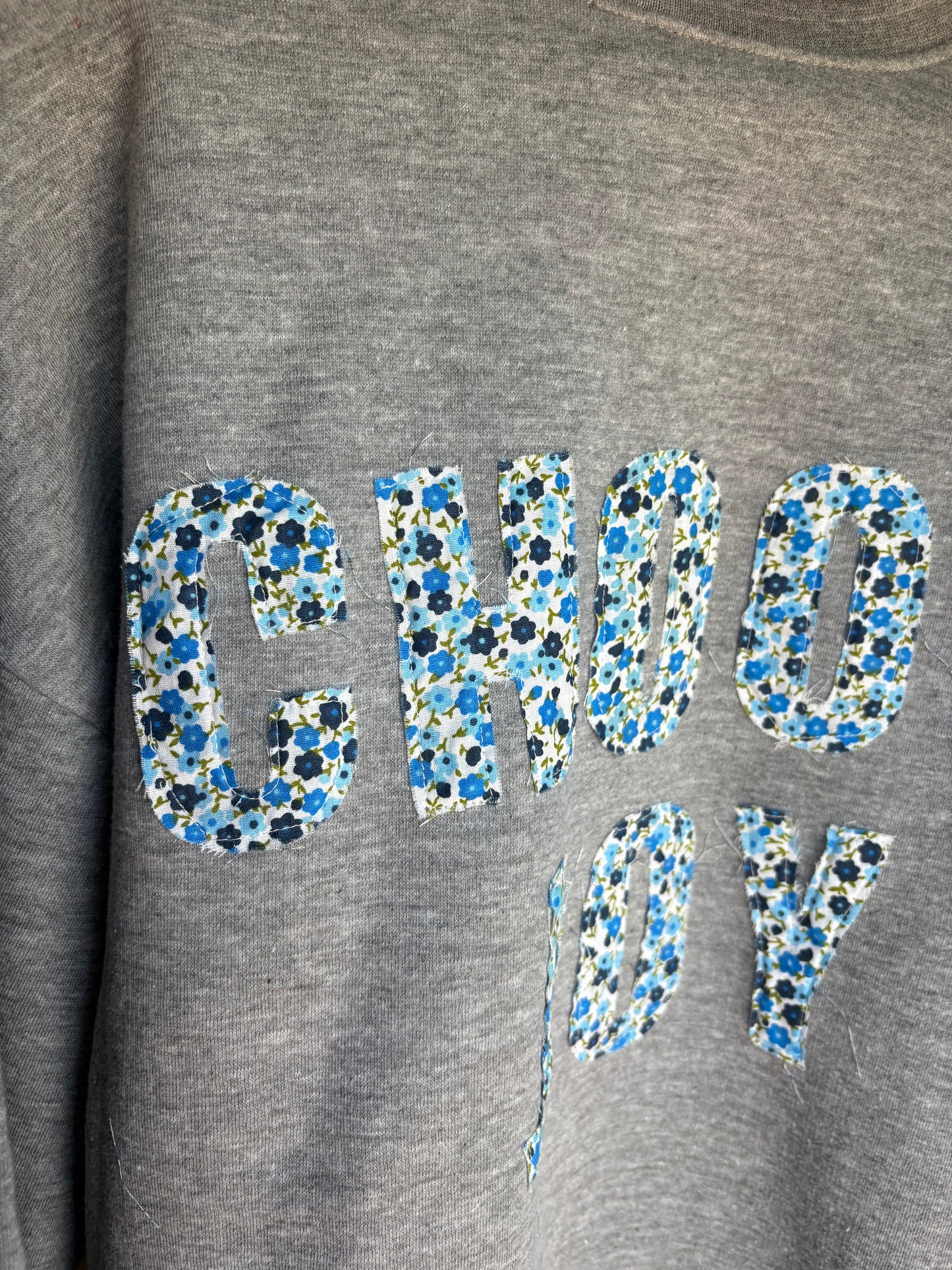 Grey “Choose Joy” blue floral Patchwork Crewneck