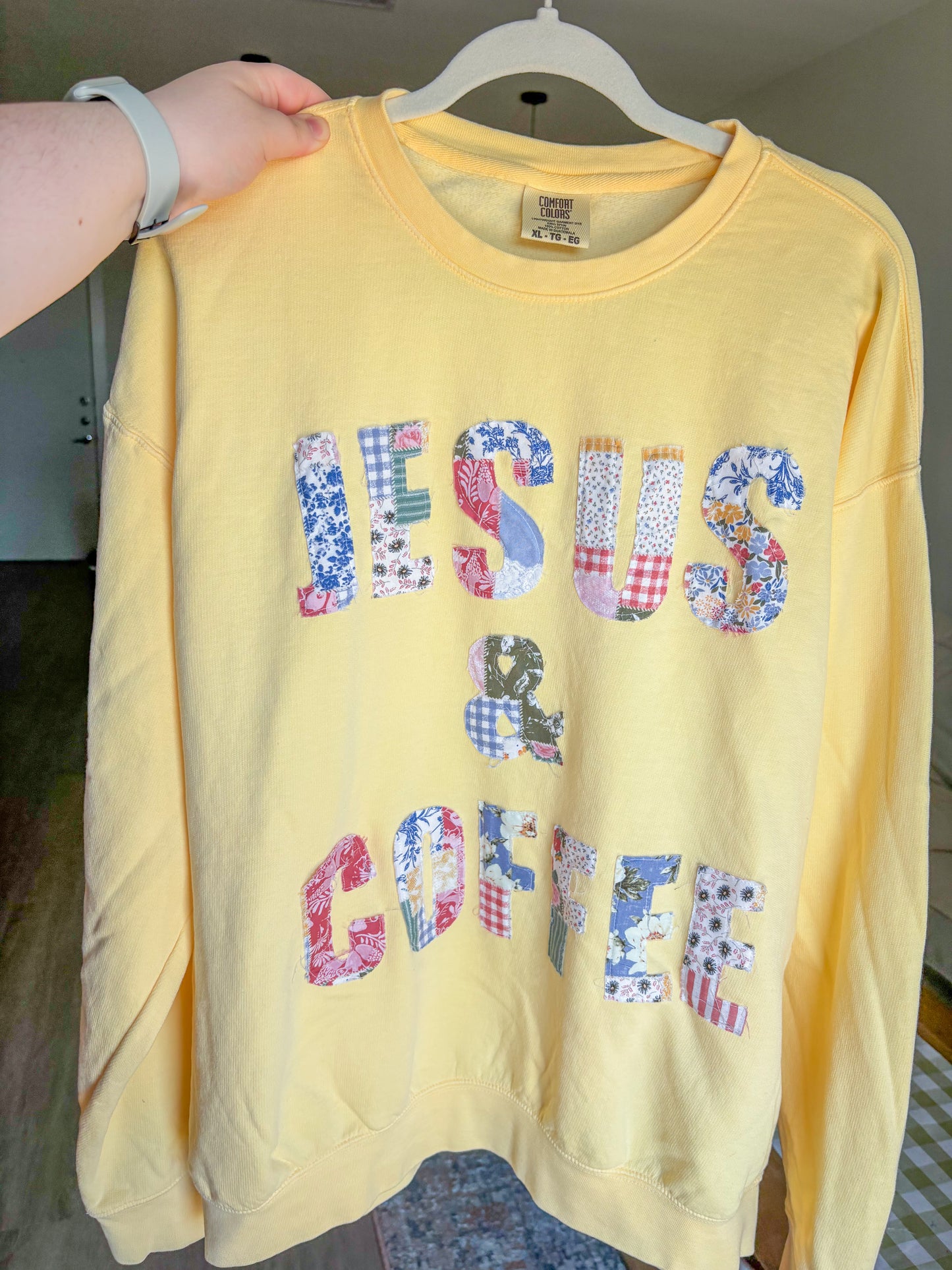 butter yellow patchwork “Jesus & Coffee” Crewneck