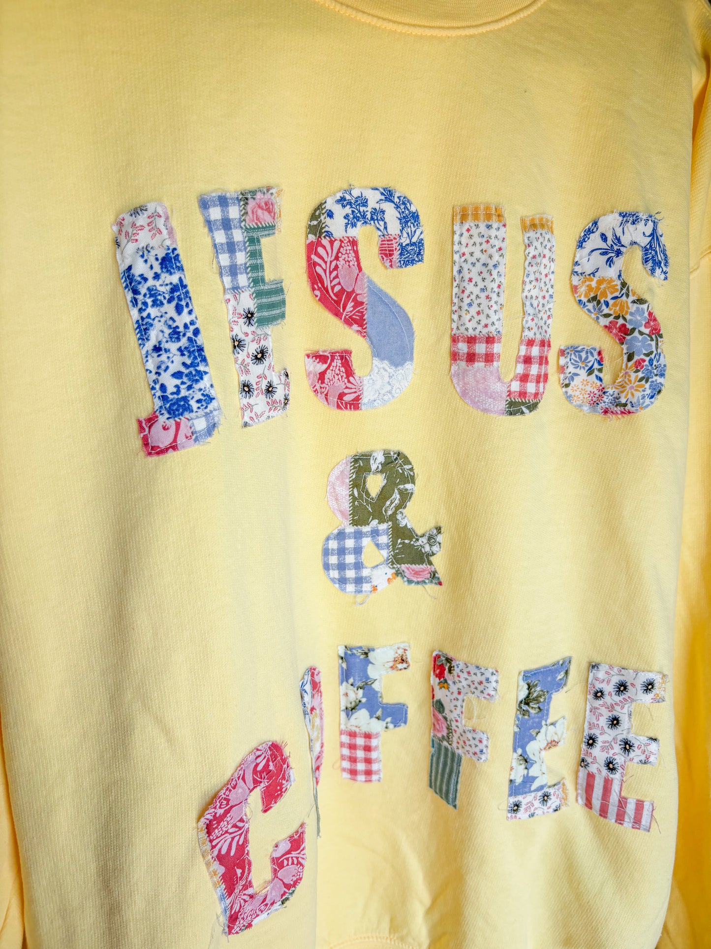 butter yellow patchwork “Jesus & Coffee” Crewneck