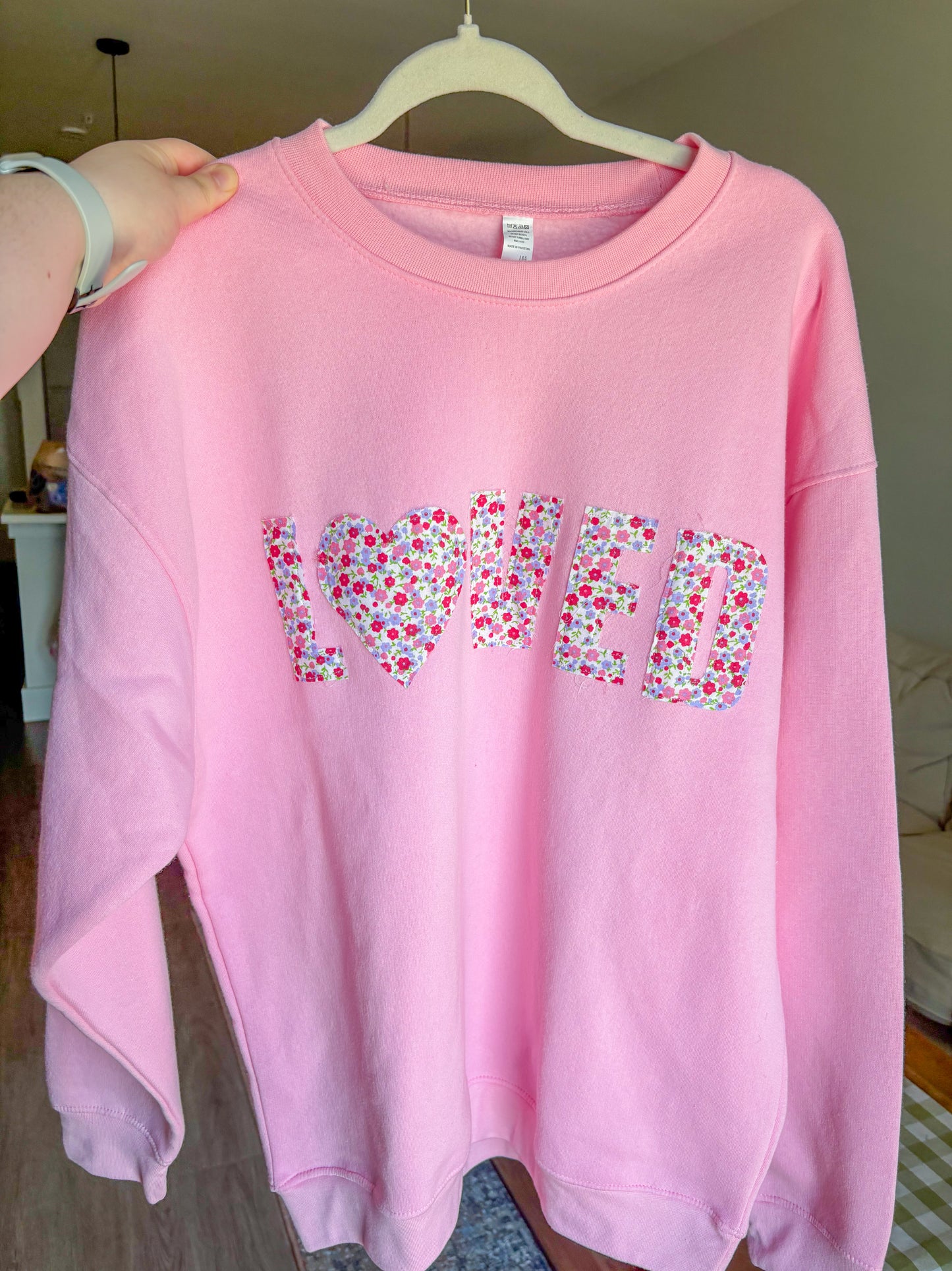 Light Pink “Loved” Floral Patchwork Crewneck