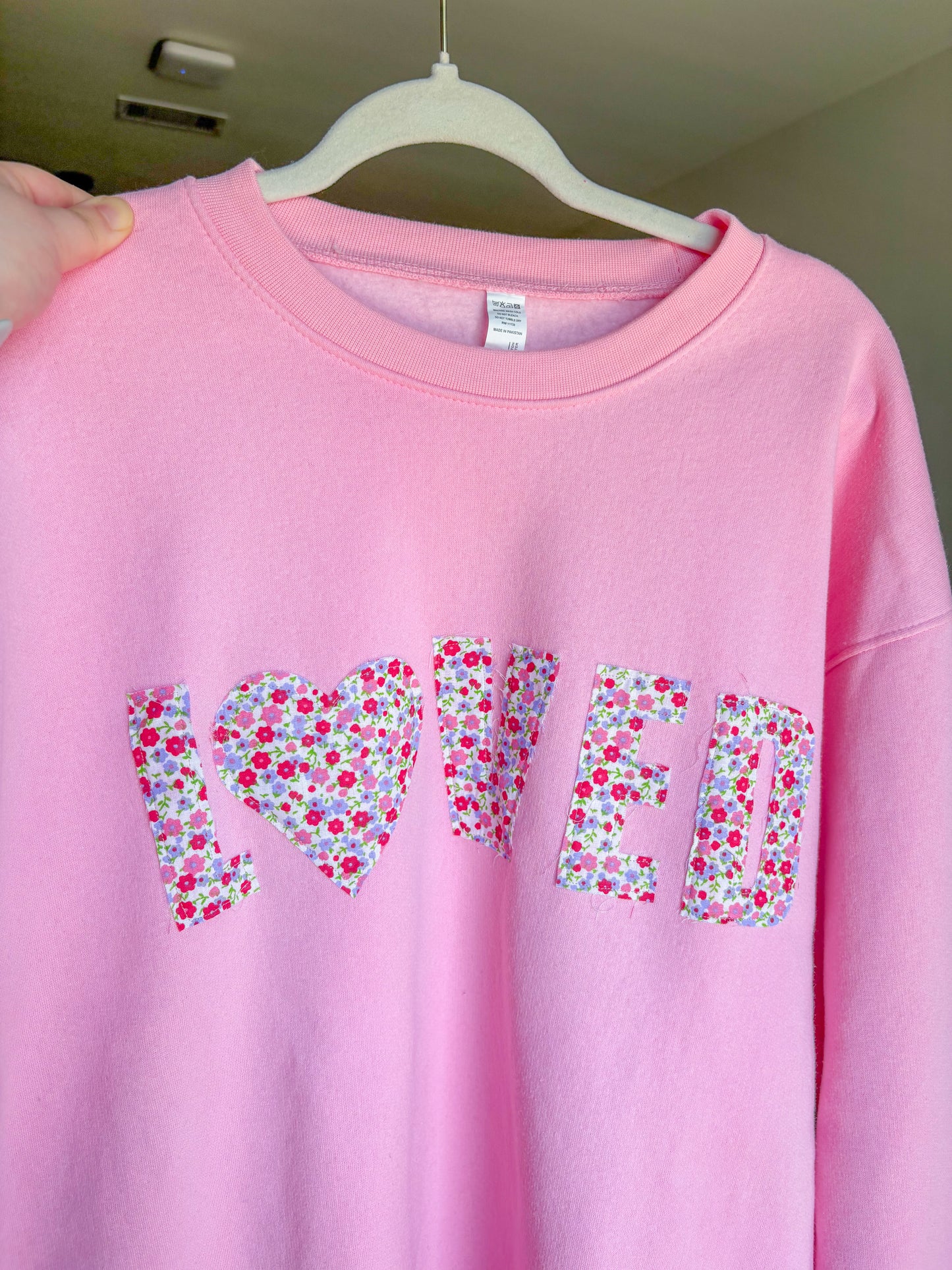 Light Pink “Loved” Floral Patchwork Crewneck