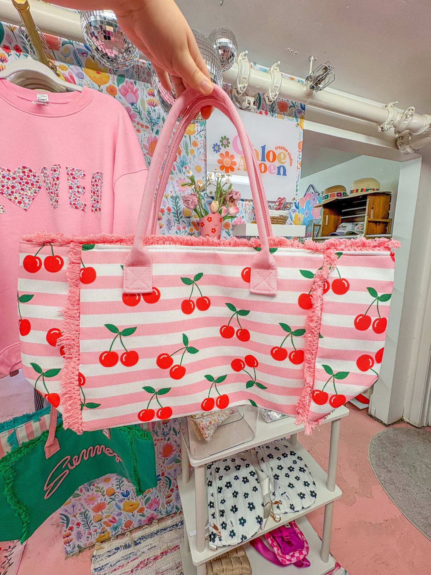 cherry pink beach tote bag
