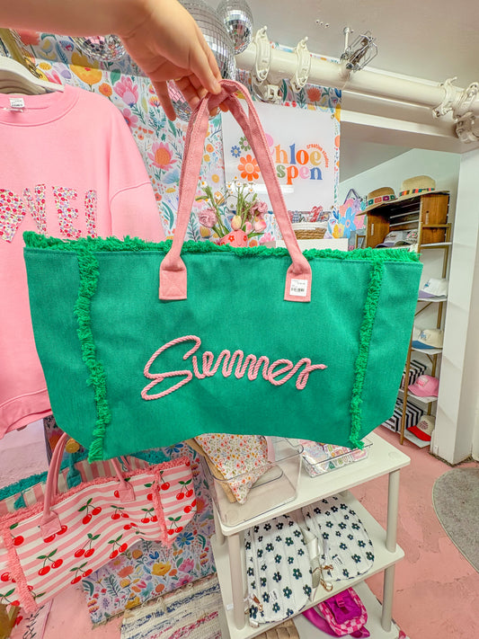 green and pink summer beach bag