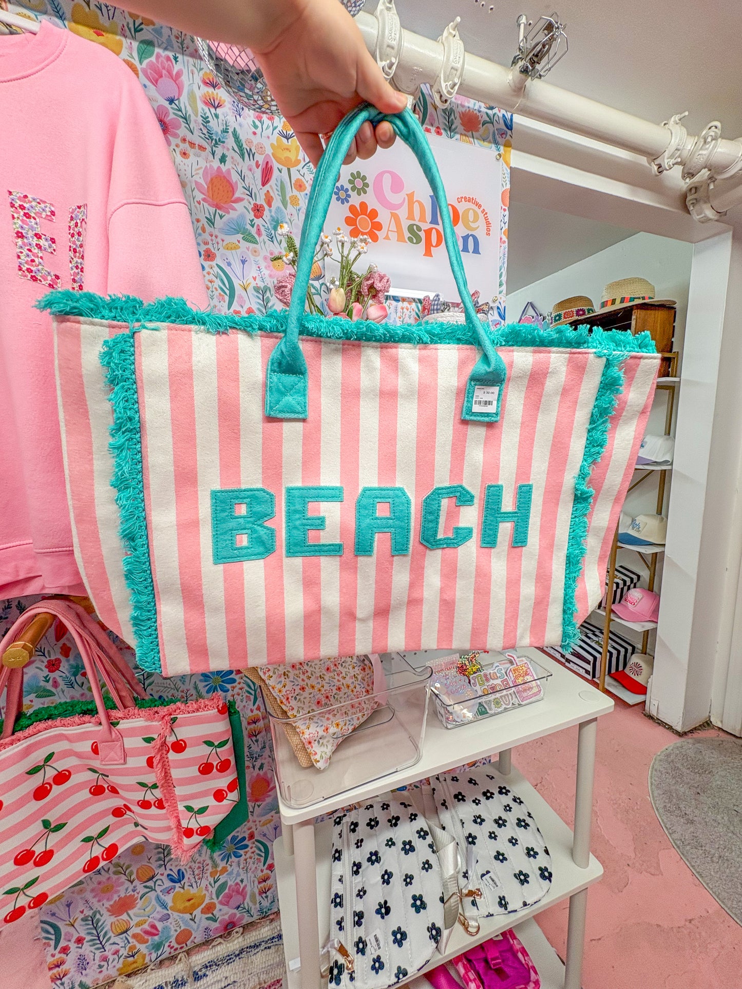 pink and blue striped beach tote
